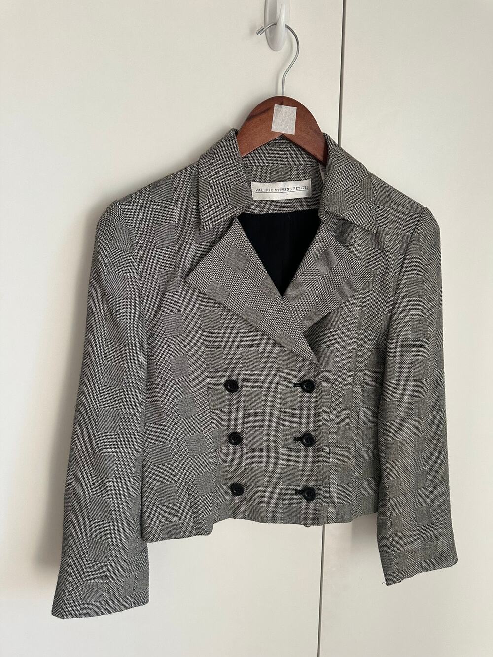 Vtg Cropped Blazers Black/White Herringbone Check Size 2P Double Breasted